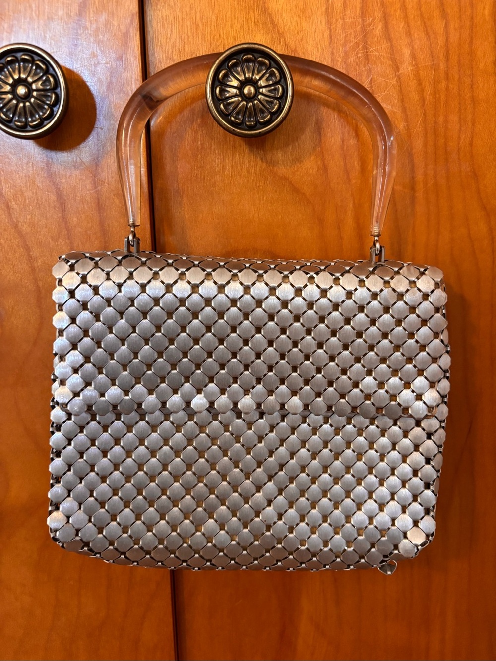 Whiting and Davis Silver Mesh Handbag with Lucite Handle